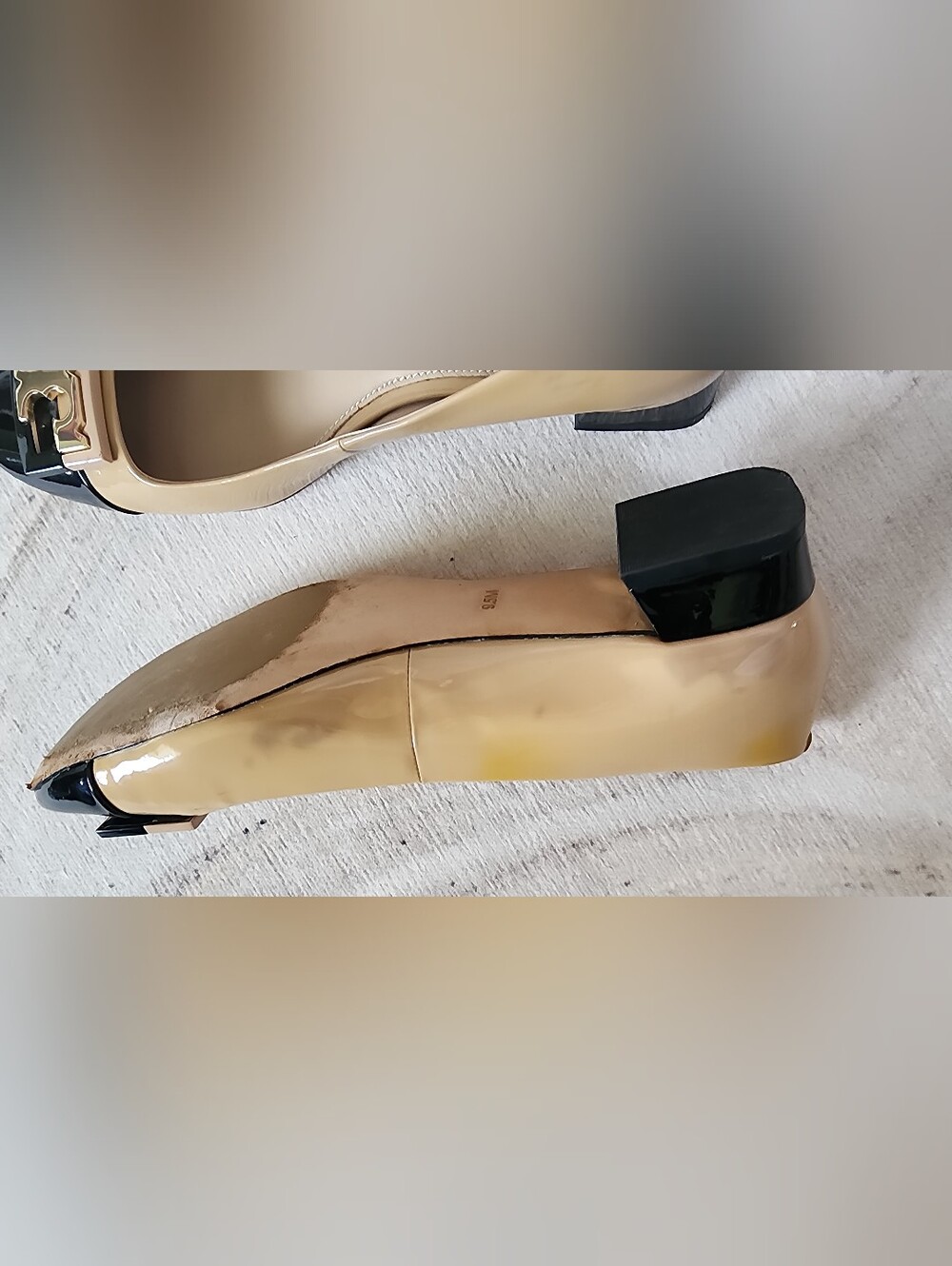 Two-Tone Beige and Black Cap-Toe Ballet Flats with Gold Accent - Picture 5 of 16